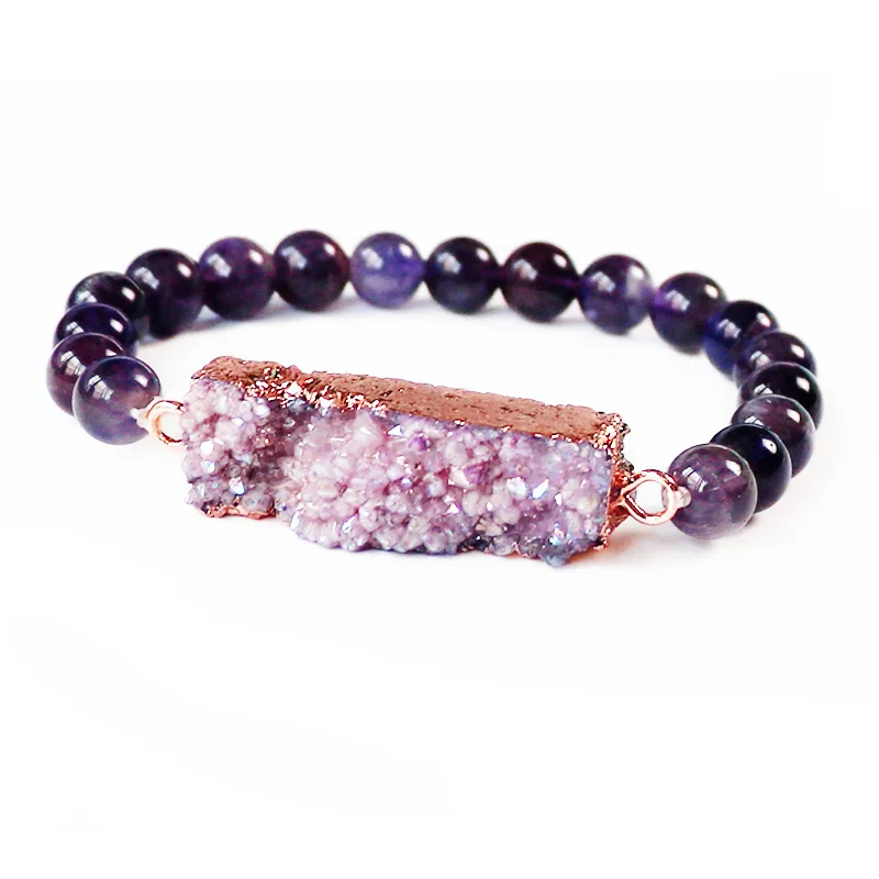 Women Rosary Beads Purple Natural Stone with Purple Raw Mineral Crystal Quartz Geode Druzy Charm Mala Bracelet & Bangles
Women Rosary Beads Purple Natural Stone with Purple Raw Mineral Crystal Quartz Geode Druzy Charm Mala Bracelet & Bangles