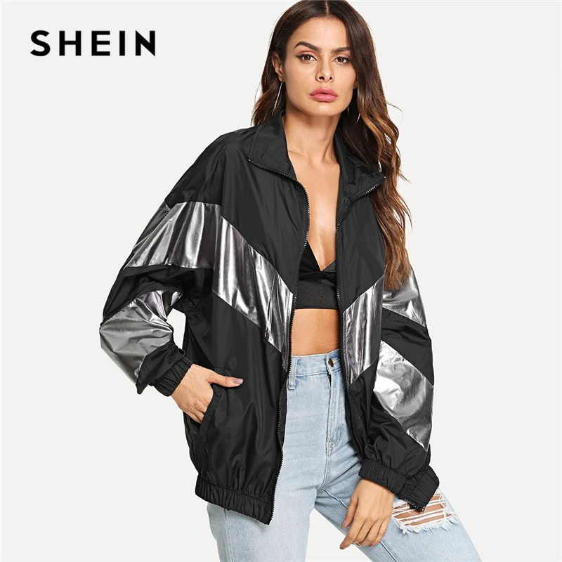 

SHEIN Multicolor Metallic Panel Insert Drop Shoulder Jacket Women Colorblock Zipper Pocket Modern Lady Autumn Jackets