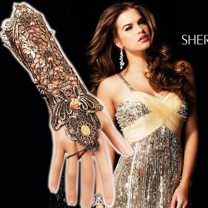 New sex black golden olde worlde golde short fingerless women girl princess lady dancing gloves chainfree shipping | Свадьбы и