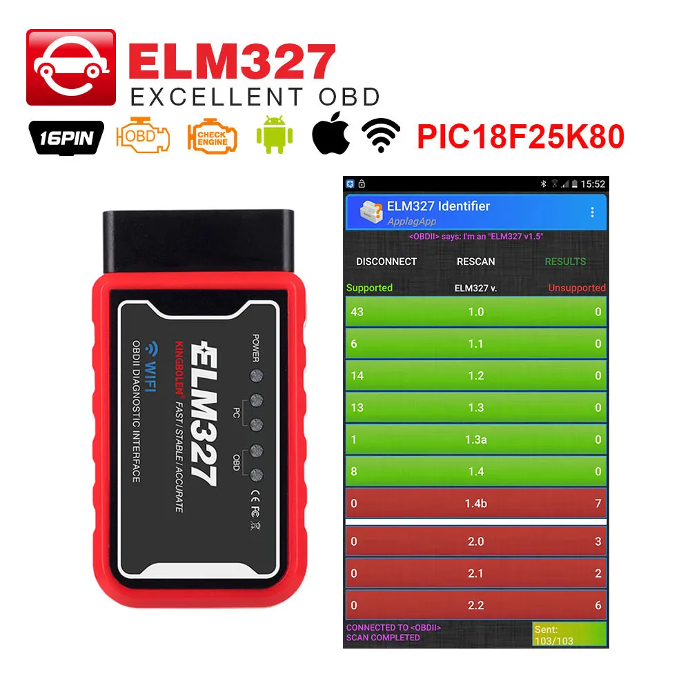 

ELM327 V1.5 Bluetooth/ WIFI with PIC18F25K80 chip Kingbolen ELM 327 OBD2 Diagnostic Tool For Android/IOS/PC OBDII Auto Scanner