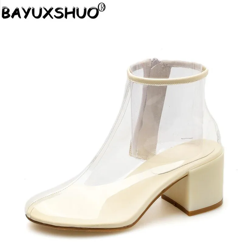 

BAYUXSHUO 2018 Women Ankle Boots Transparent PVC Female Catwalk 6 CM Chunky Heel Booties Comfortable Simple Zipper Martin Boots