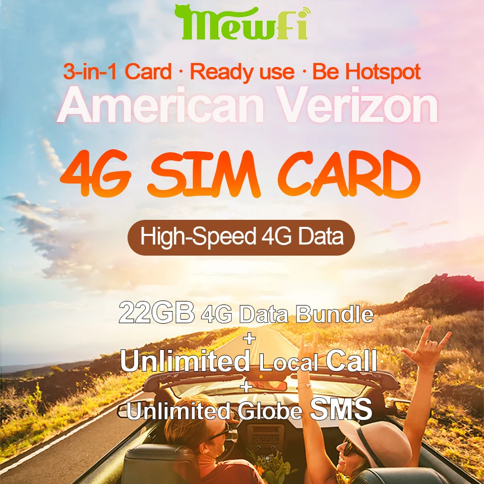 Mewfi Verizon American 4G Sim Card 3in1 Mobile Phone Cut free Data Card+Call&SMS Business/Travel 22GB 30 Day |