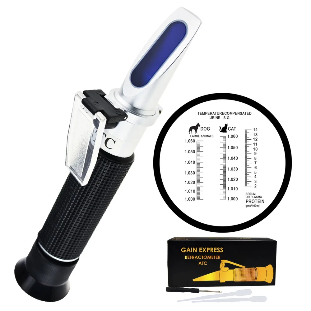 Pet Clinical Refractometer with ATC, Tri-Scale Serum & Plasma Protein Test 2-14g/dl Urine Specific Gravity 1.000-1.060SG
Pet Clinical Refractometer with ATC, Tri-Scale Serum & Plasma Protein Test 2-14g/dl Urine Specific Gravity 1.000-1.060SG