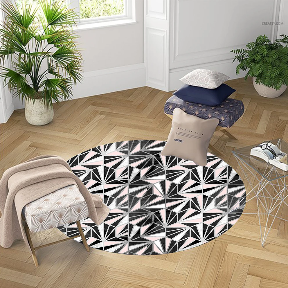 Фото Else Black Pink White Triangles Geometric Lines 3d Pattern Print Anti Slip Back Round Carpets Area Rug For Living Rooms Bathroom | Дом и сад
