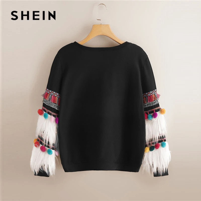 SHEIN Свитшот С Меховой Отделкой Стильный Из Эко Меха И Длинными Рукавами|Толстовки