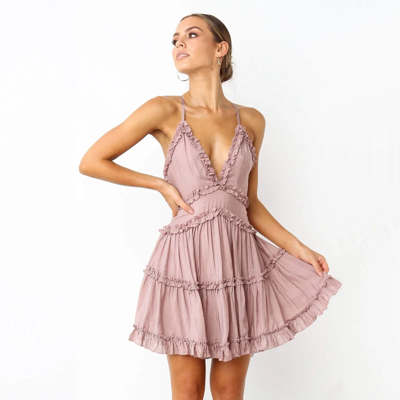 Women Sexy Backless Strap Ruffled Sundress V Neck Empire A Line Casual Dress Female Beach Dress Solid Color Summer Short Dress
Women Sexy Backless Strap Ruffled Sundress V Neck Empire A Line Casual Dress Female Beach Dress Solid Color Summer Short Dress