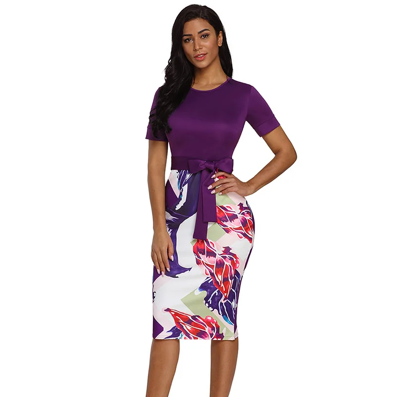 Purple-Bowknot-Short-Sleeve-Printed-Sheath-Dress-LC610096-8-1