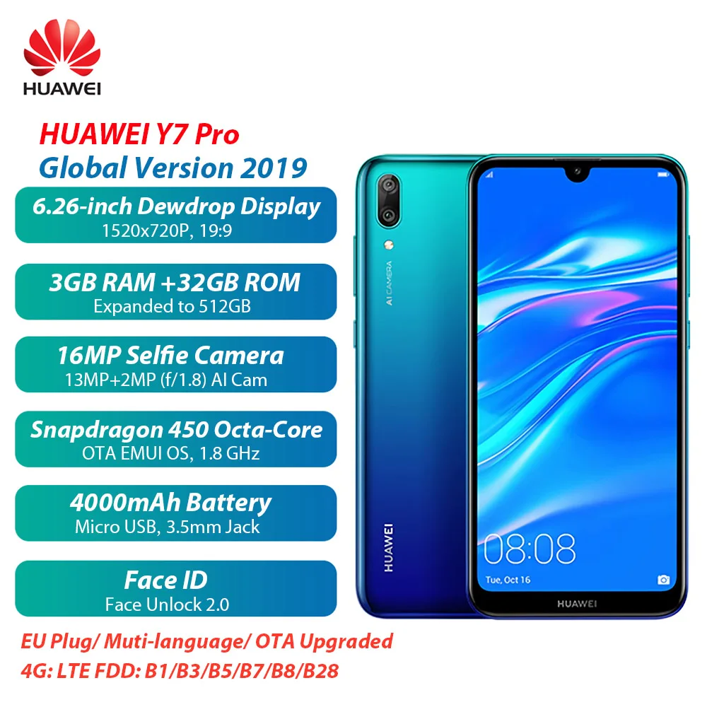 Global Version 2019 HUAWEI Y7 Pro Face ID 6.26inch HD 3GB RAM 32GB ROM Octa Core Android 8.14000mAh 4G Unlocked Smart Phone
Global Version 2019 HUAWEI Y7 Pro Face ID 6.26inch HD 3GB RAM 32GB ROM Octa Core Android 8.14000mAh 4G Unlocked Smart Phone