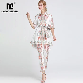 Lady Milan Women's Runway Twinsets Turn Down Collar Half Sleeves Printed Asymmetrical Shirts with Pants Fashion Two Piece Sets
Lady Milan Women's Runway Twinsets Turn Down Collar Half Sleeves Printed Asymmetrical Shirts with Pants Fashion Two Piece Sets