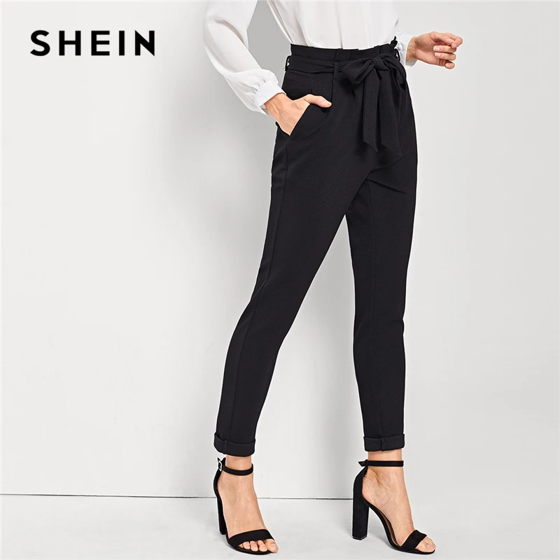 

SHEIN Black Elegant Office Lady Slant Pocket Waist Belted Mid Waist Solid Tapered Pants 2018 New Autumn Workwear Women Trousers