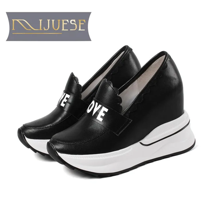 MLJUESE 2019 women ankle boots cow leather slip on autumn wedges increasing heel women Chelsea boots women martin boots