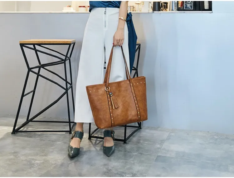 MJ Women Leather Shoulder Bag Female Large PU Leather Handbag Tassel Shopping Tote Big Crossbody Bag Messenger Bags for Women (3)