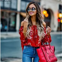 Women Ladies Autumn Off Shoulder Chiffon Floral Printed Shirt Tops Casual Loose Bandage Women Long Sleeve Blouses image