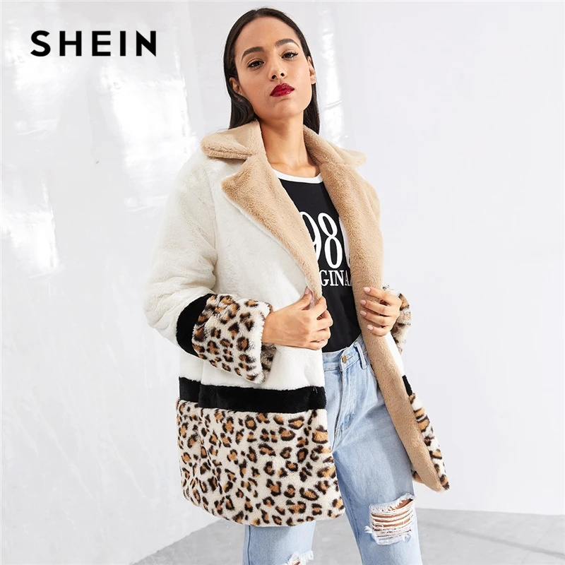 SHEIN Стильная Тедди Куртка Из Эко Меха Модное Пальто С Контрастным Принтом|Пальто|