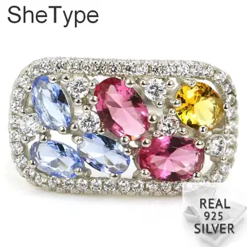 

SheType 4.1g Multi Color Tourmaline Citrine Tanzanite CZ 925 Solid Sterling Silver Rings 21x12mm