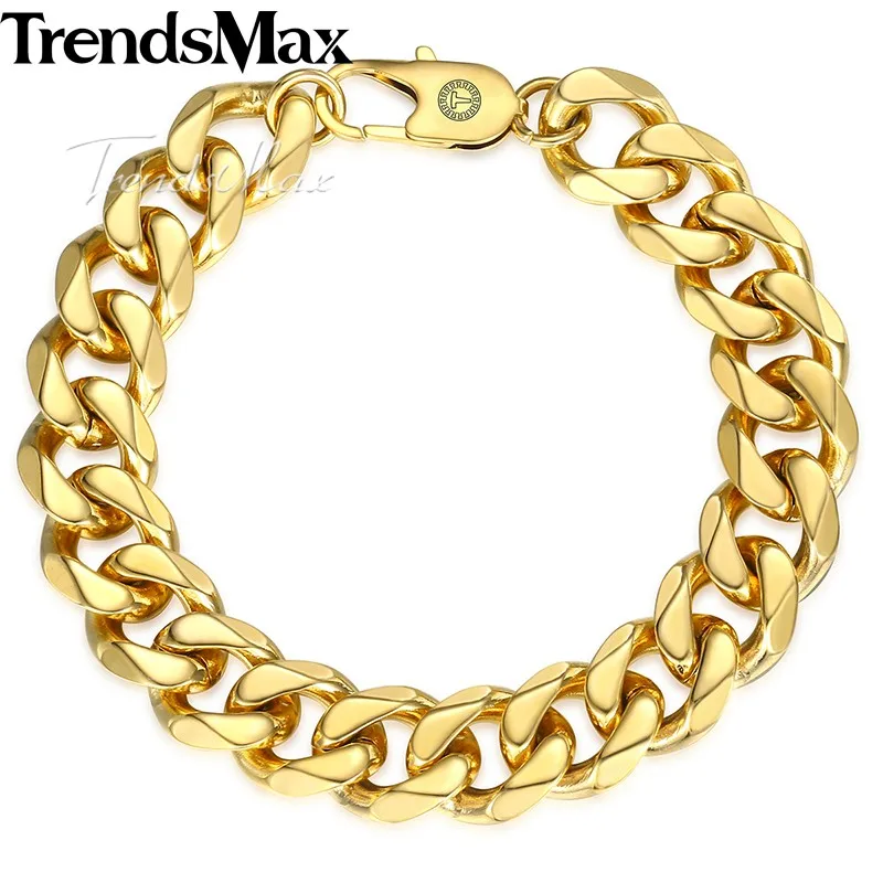 Men's Bracelets Hip Hop Curb Cuban Link Chain Gold Color Stainless Steel Bracelet For Male Jewelry Dropshipping 14mm KKBM162 | Украшения
