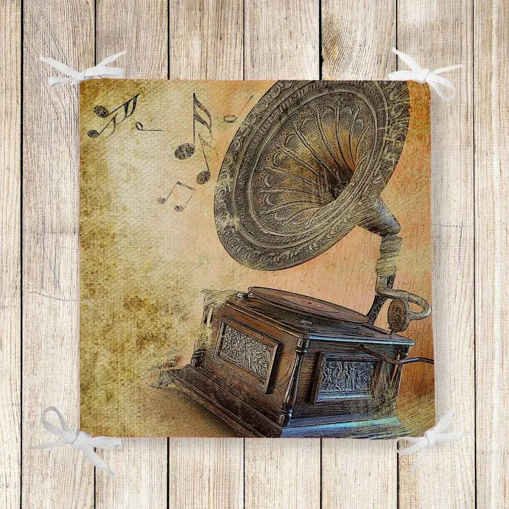 Фото Else Brown Retro Music Notes Gramaphone Print Chair Pad Seat Cushion Soft Memory Foam Full Lenght Ties Non Slip Washable Zipper | Дом и сад