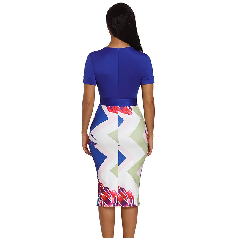 Blue-Bowknot-Short-Sleeve-Printed-Sheath-Dress-LC610096-5-2