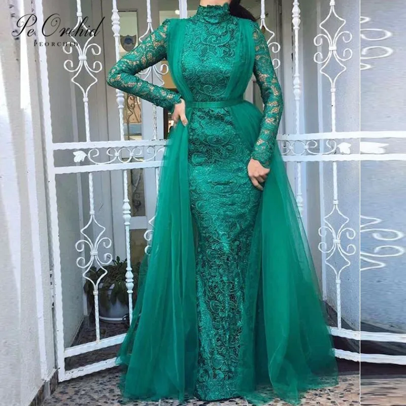 PEORCHID 2019 Designer Long Green Lace Evening Dress High Neck Luxury Dubai Full Sleeve Mermaid Formal Party Gown | Свадьбы и