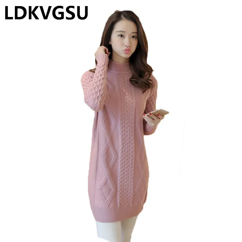 Фото 2018 Autumn Winter New Women Warm Sweater Dress Pure Color Half High Collar Twist Loose Knitted Female Is619  Женская | Водолазки (1000006030125)