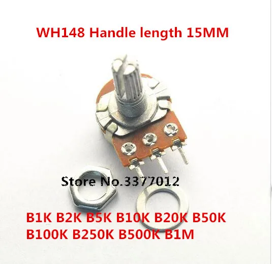 

1pcs/lot WH148 3Pin 15mm Handle length B 1K 2K 5K 10K 20K 50K 100K 250K 500K 1M Linear Taper Rotary Carbon Potentiometer