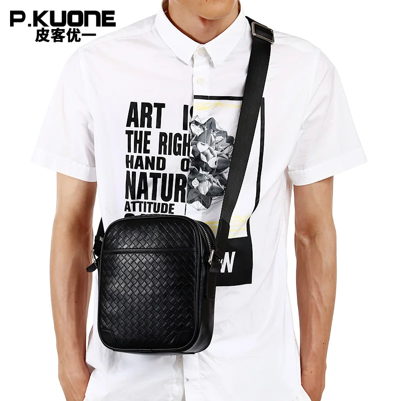 P. kuone Мужская сумка вертикальная раздел из натуральной кожи Вязание модная