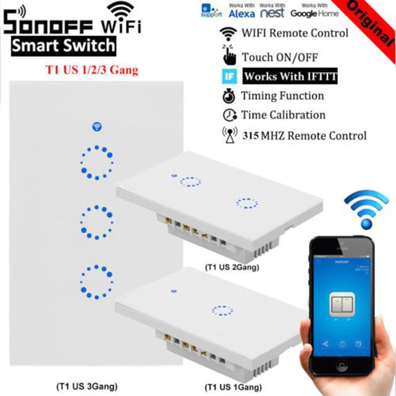 Sonoff T1 US UK EU Smart Home With Google Home Alexa WiFi RF / APP / Touch Control Wall Light Switch 1 /2 /3 Gang Light Switch
Sonoff T1 US UK EU Smart Home With Google Home Alexa WiFi RF / APP / Touch Control Wall Light Switch 1 /2 /3 Gang Light Switch
