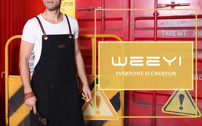 WEEYI Canvas Work Shop Apron Waterdrop Resistant Cross Back Genuine Leather Strap With Towel Loop Fits Small to XXL Unisex (1)