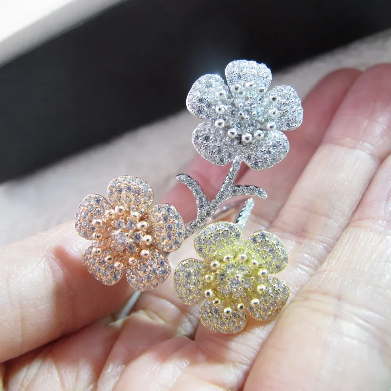 100% 925 Sterling Silver with three-gold-color flower open rings adjustable size AAA Cubic Zirconia Jewellery for Women
100% 925 Sterling Silver with three-gold-color flower open rings adjustable size AAA Cubic Zirconia Jewellery for Women