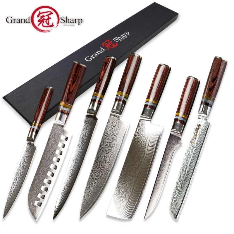 Grandsharp 7 pcs kitchen knife set vg10 Japanese Damascus steel chef santoku utility nakiri boning slicing bread knives tools
Grandsharp 7 pcs kitchen knife set vg10 Japanese Damascus steel chef santoku utility nakiri boning slicing bread knives tools