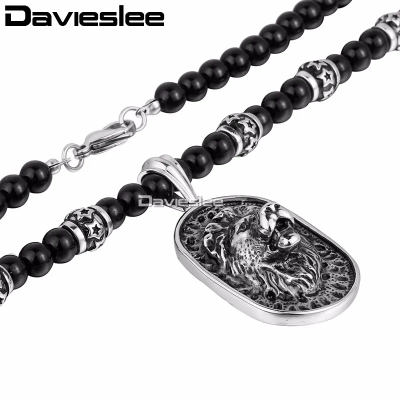 Davieslee мужское ожерелье Лев Подвеска черный шар цепочка со стеклянными бусинами