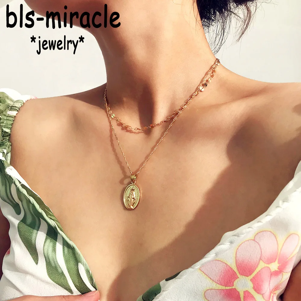 

Bls-miracle Boho Sequins Necklaces For Women Vintage Round Engraved Pendant Multi-layer Necklace Statement Party Jewelry 2018New