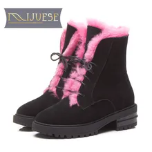 MLJUESE 2019 botas de mujer botas de ante de vaca de colores mezclados botas de tacón bajo prenda lana invierno botas de nieve vestido de fiesta tamaño 34-39(China)