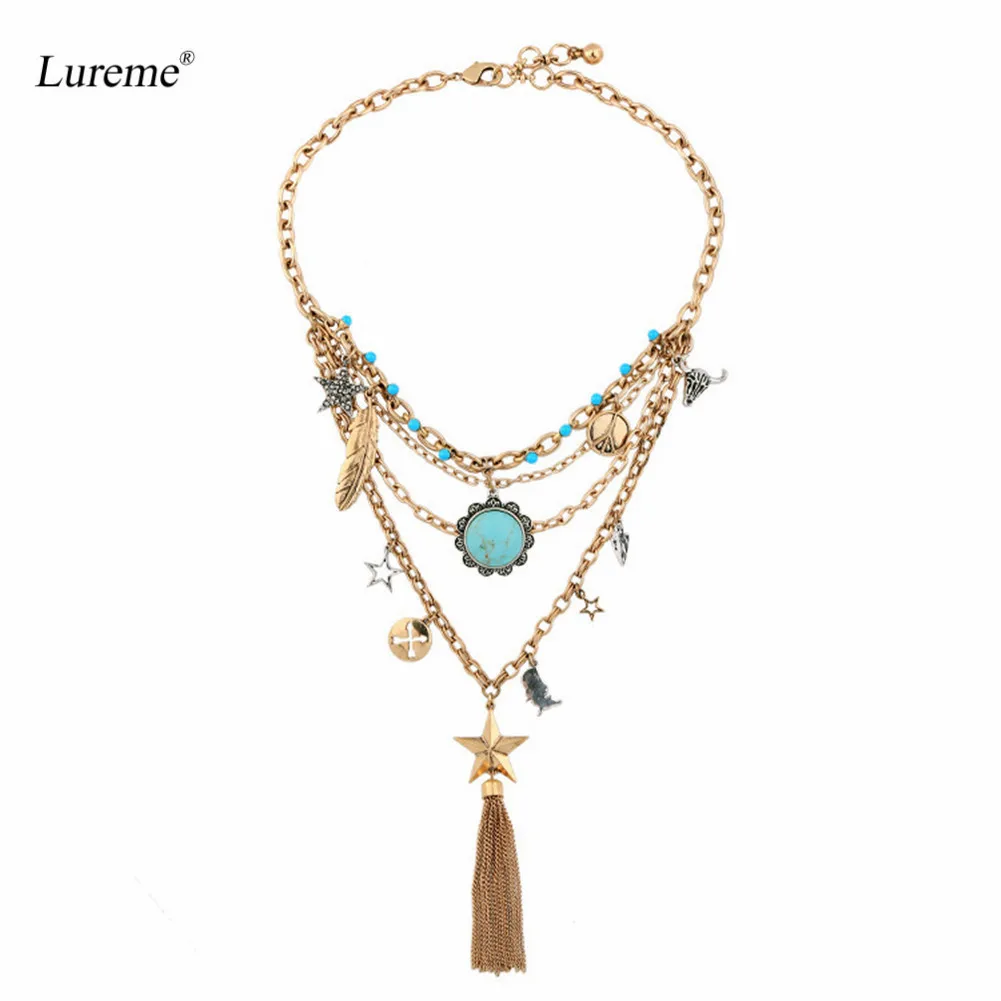 Винтажное многослойное ожерелье Lureme Boho с синим камнем цветком кисточкой