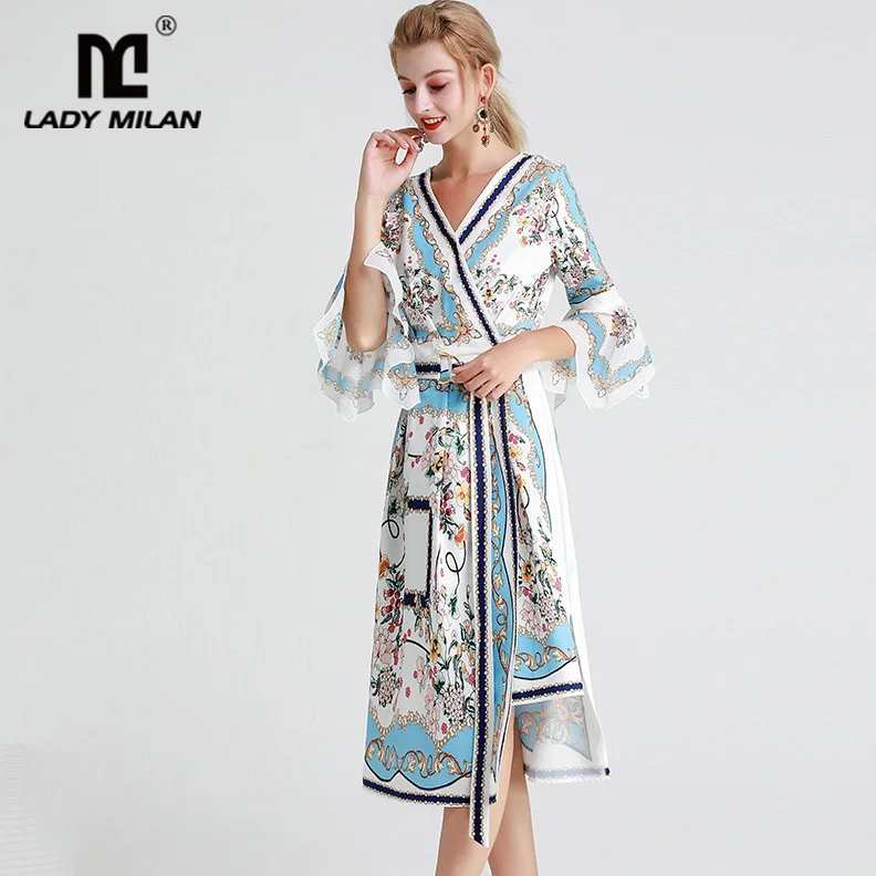 Lady Milan Women's Runway Designer Dresses Sexy V Neck Flare Sleeves Asymmetrical Printed Sash Belt Fashion Casual Dresses
Lady Milan Women's Runway Designer Dresses Sexy V Neck Flare Sleeves Asymmetrical Printed Sash Belt Fashion Casual Dresses