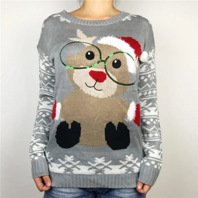 Kawaii Reindeer Wearing Glasses Ugly Christmas Sweaters for Women Cute Girls Oversized Xmas Pullover Jumper 2
