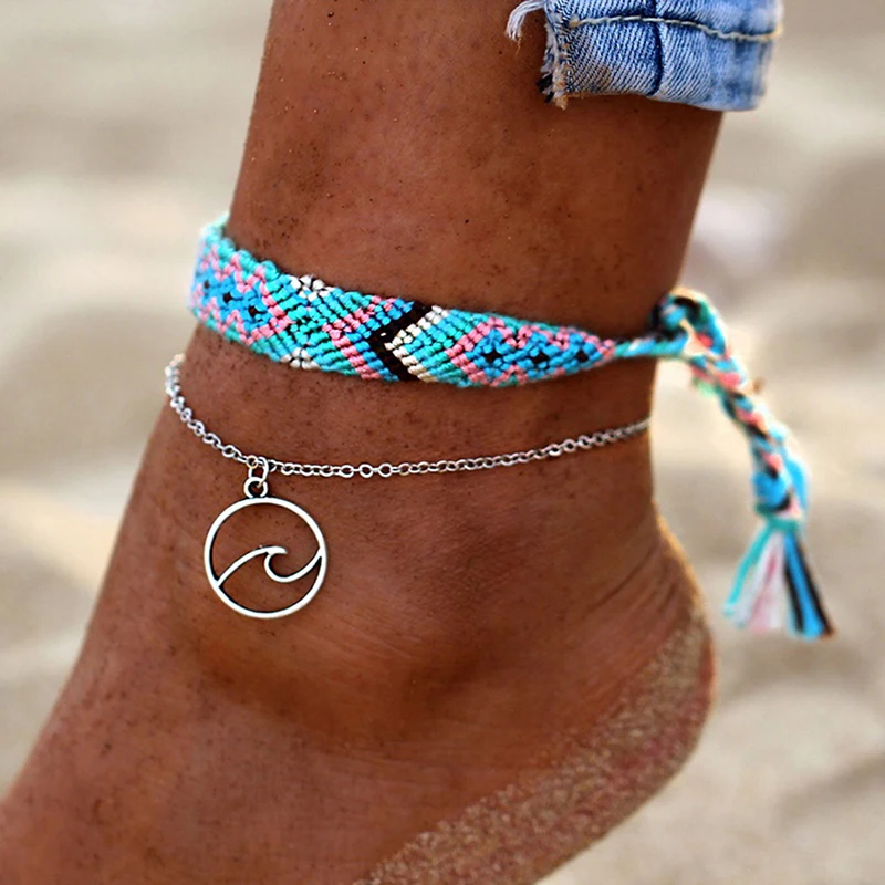 

2pcs/set Vintage Woven Rope Wave Silver Pendant Anklet Bohemia Handmade Weave Colourful Waven Anklets Women Summer Fashion Jewel