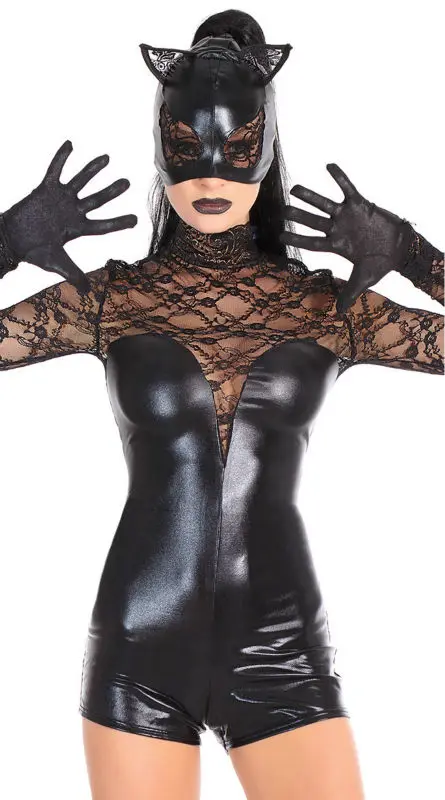 Women Sexy Black PVC Leather With Transparent Lace Latex Catsuit Jumpsuit Halloween Party Catwoman Cosplay Costume
Women Sexy Black PVC Leather With Transparent Lace Latex Catsuit Jumpsuit Halloween Party Catwoman Cosplay Costume