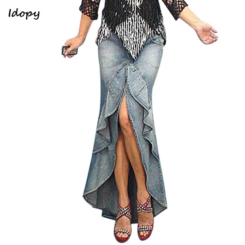 Idopy Women`s Vintage Denim Skirts Elegant Fishtail Double Layer Mermaid Ruffles Irregular Maxi Bodycon Skirts For Lady
Idopy Women`s Vintage Denim Skirts Elegant Fishtail Double Layer Mermaid Ruffles Irregular Maxi Bodycon Skirts For Lady