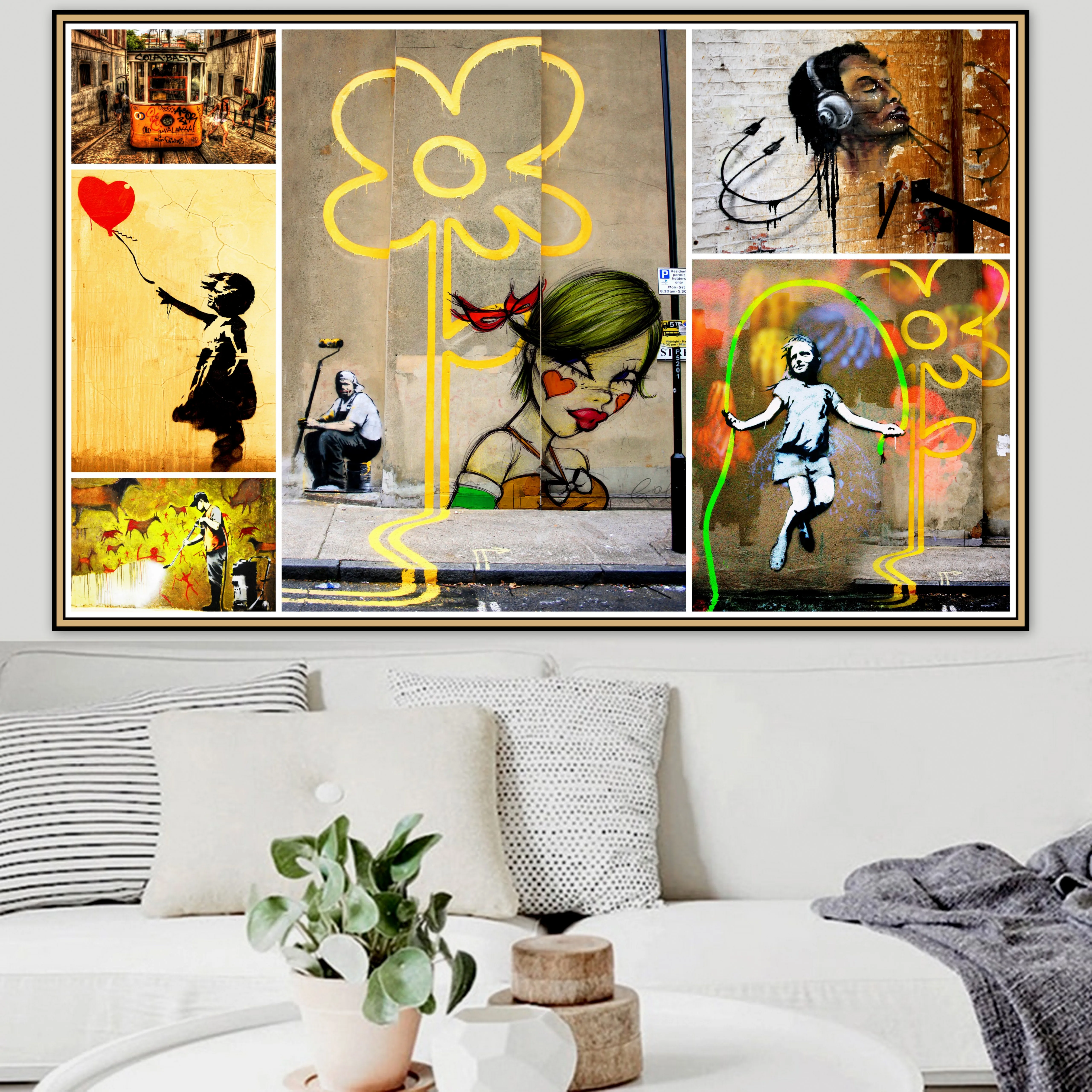 

Happy Girl Graffiti Urban Street Art Mural Canvas Painting Poster and Print POP Wall Art Pictures for Wall Art Decoration Print