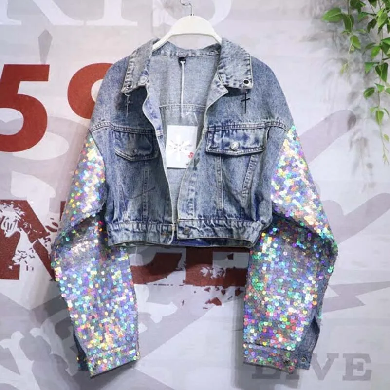 Colorful Sequins Pockets Denim Outerwear Turn-down Collar BF Style Coats 2019 Spring Single Breasted Women Jackets
Colorful Sequins Pockets Denim Outerwear Turn-down Collar BF Style Coats 2019 Spring Single Breasted Women Jackets