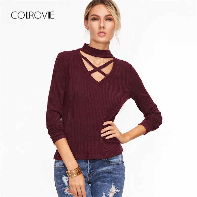 

COLROVIE Burgundy Crisscross Choker Neck Ribbed Sexy T-Shirt 2018 Autumn Cut Out V Neck Basic Top Tee Hightstreet Stretchy Top