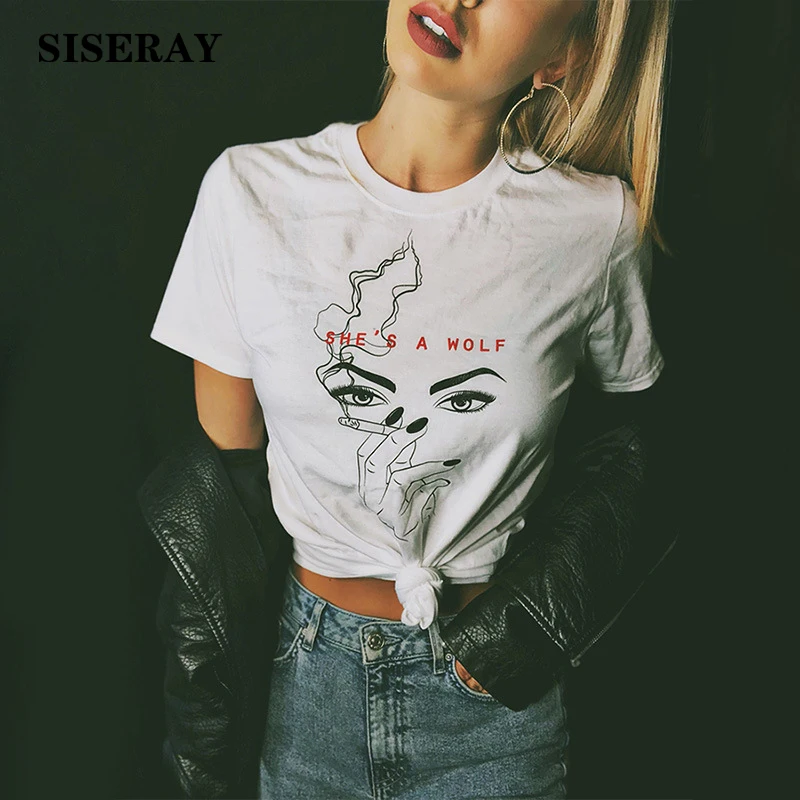 Chic Streetwear Smoking Beauty Print Tee Shirt Femme Round Neck Short Sleeve Cotton Tshirt She's A Wolf Slogan Top Tees Female
Chic Streetwear Smoking Beauty Print Tee Shirt Femme Round Neck Short Sleeve Cotton Tshirt She's A Wolf Slogan Top Tees Female