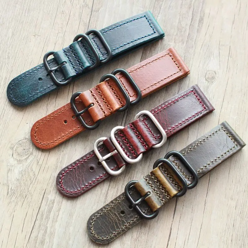 Yellow Red Blue Handmade oil wax leather strap 20MM 22MM 24MM retro men's watchband rough mad military Watch | Наручные часы
