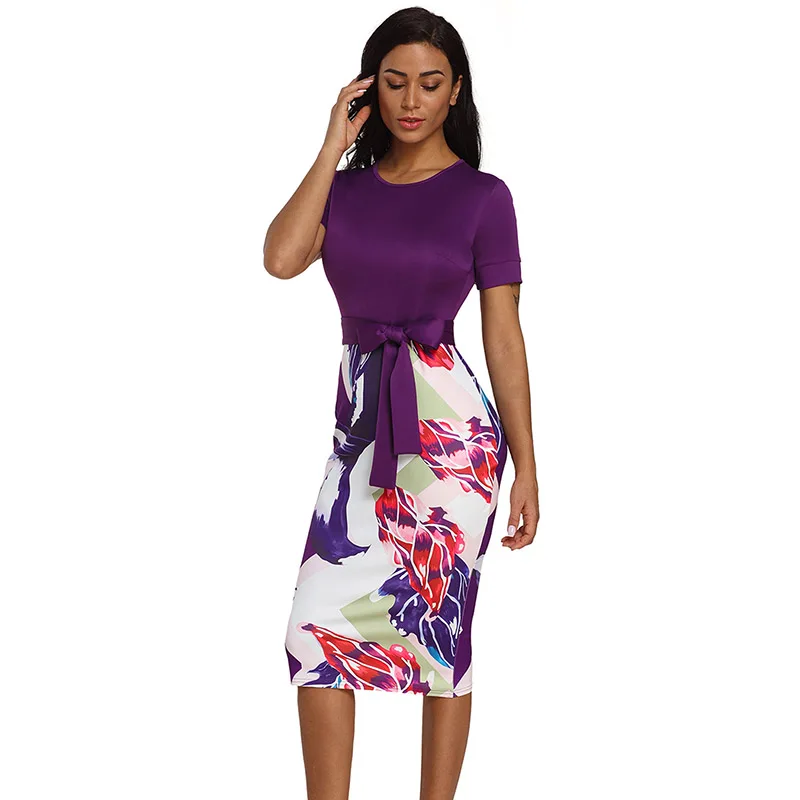 Purple-Bowknot-Short-Sleeve-Printed-Sheath-Dress-LC610096-8-4