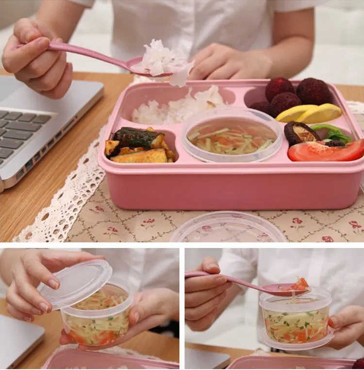 High Quality Plastic Bento Lunch Boxs Students Kids Lunch Boxs with Soup Bowl Portable Food Container Tableware Dinnerware Set (2)