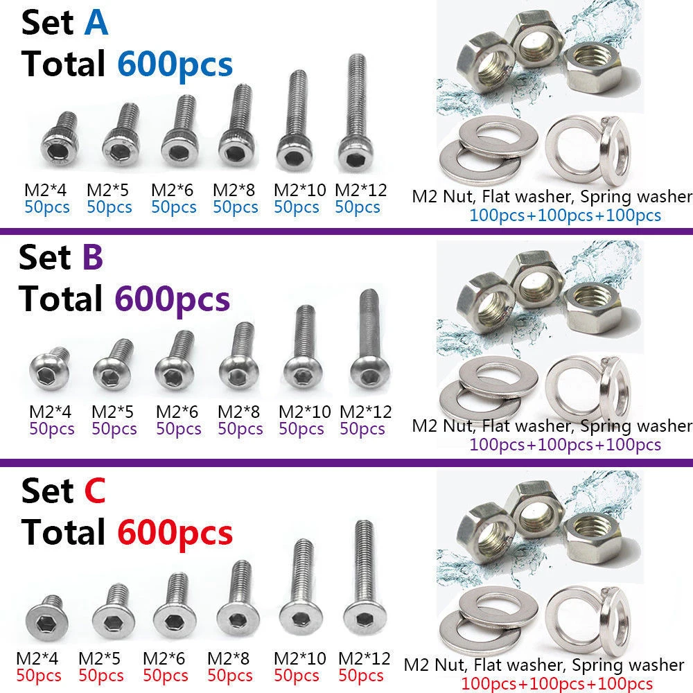 600pcs M2 304 Stainless Steel Allen Screws Bolt With Hex Nuts Washers Assortment
600pcs M2 304 Stainless Steel Allen Screws Bolt With Hex Nuts Washers Assortment
