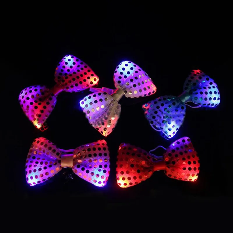 

2019 Colorful Sequins LED Flashing Bowtie Kids Adults Glowing Tie Bar KTV Disco Decor Props Rave Glow Party Supplies