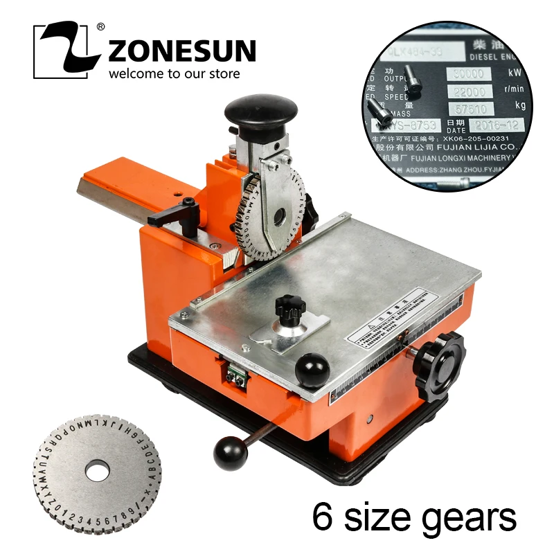 ZONESUN Embossing Machine 6 Size Gear Metal Sheet Embosser Manual Steel Aluminum Alloy Name Plate Stamping Label Engrave Machine
ZONESUN Embossing Machine 6 Size Gear Metal Sheet Embosser Manual Steel Aluminum Alloy Name Plate Stamping Label Engrave Machine