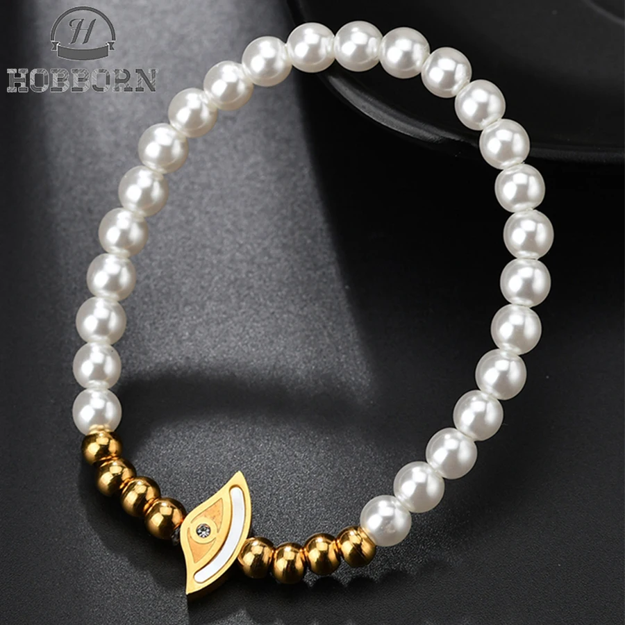 HOBBORN Fashion Turkish Evil Eye Bracelet Stainless Steel Gold Color Women Elastic Beaded Imitation Pearl Bracelets Bracciale
HOBBORN Fashion Turkish Evil Eye Bracelet Stainless Steel Gold Color Women Elastic Beaded Imitation Pearl Bracelets Bracciale